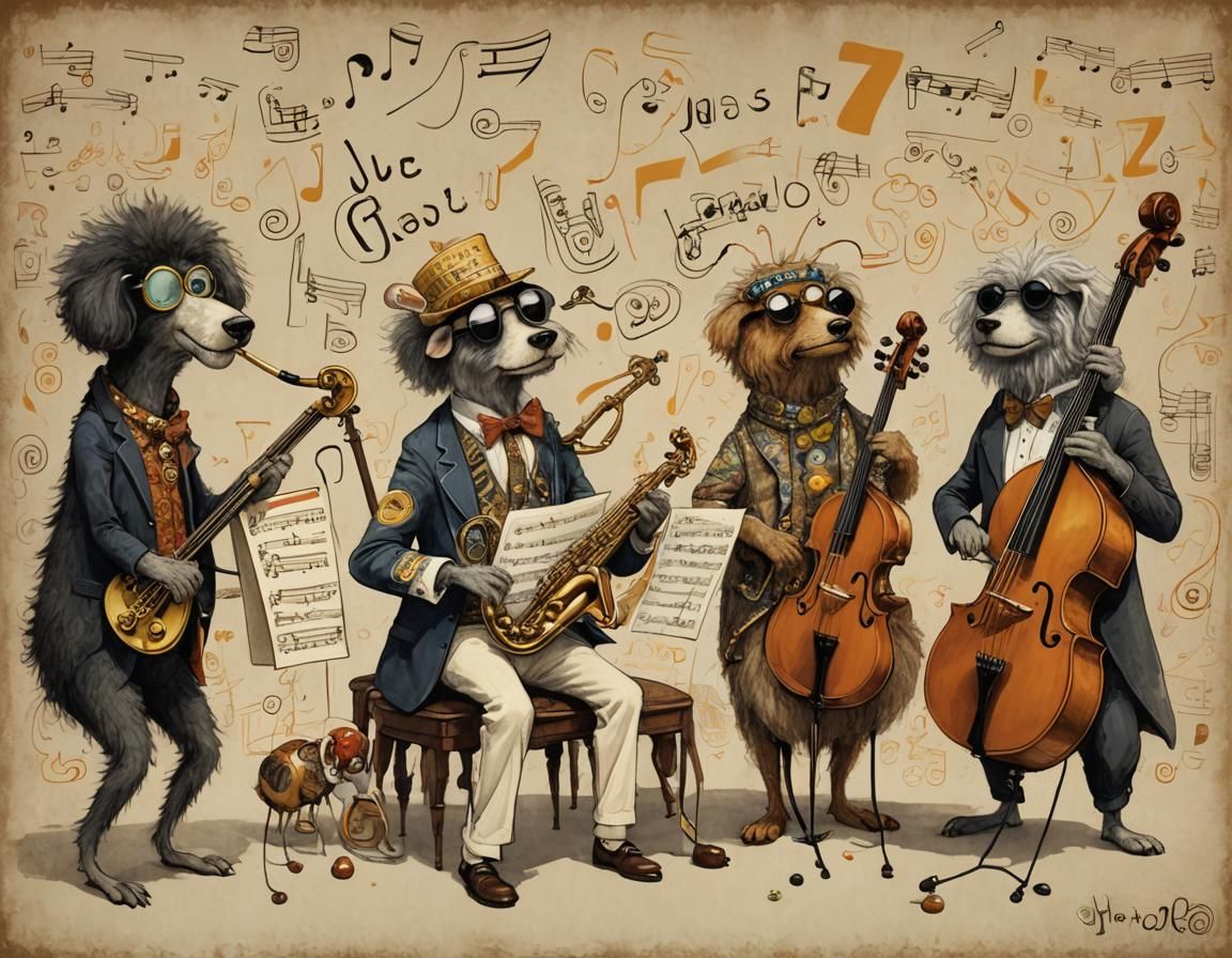 Anthropomorphic flea band playing jazz.