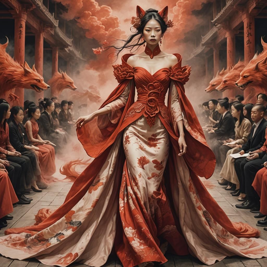 Kitsune Lady on Runway in Dark Surrealism Style