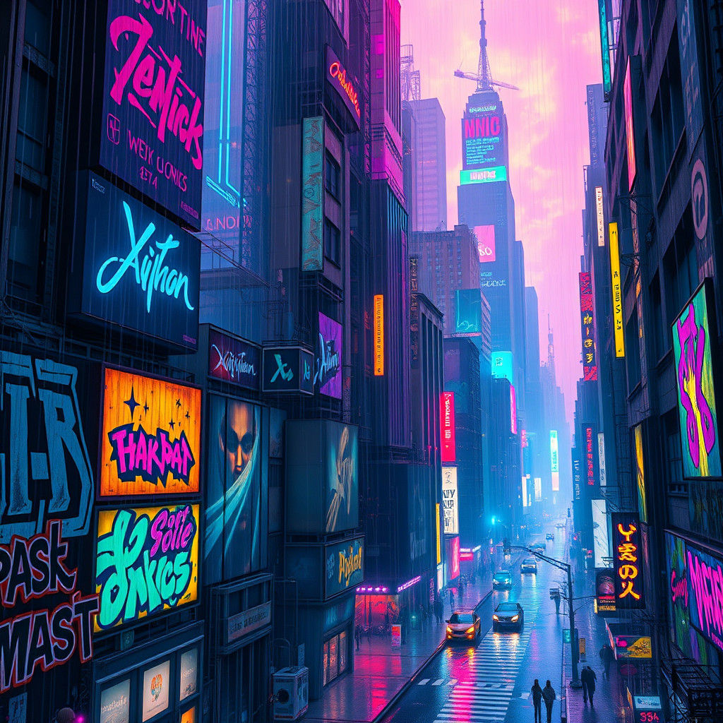 Cyberpunk Cityscape Street Art in Electric Colors