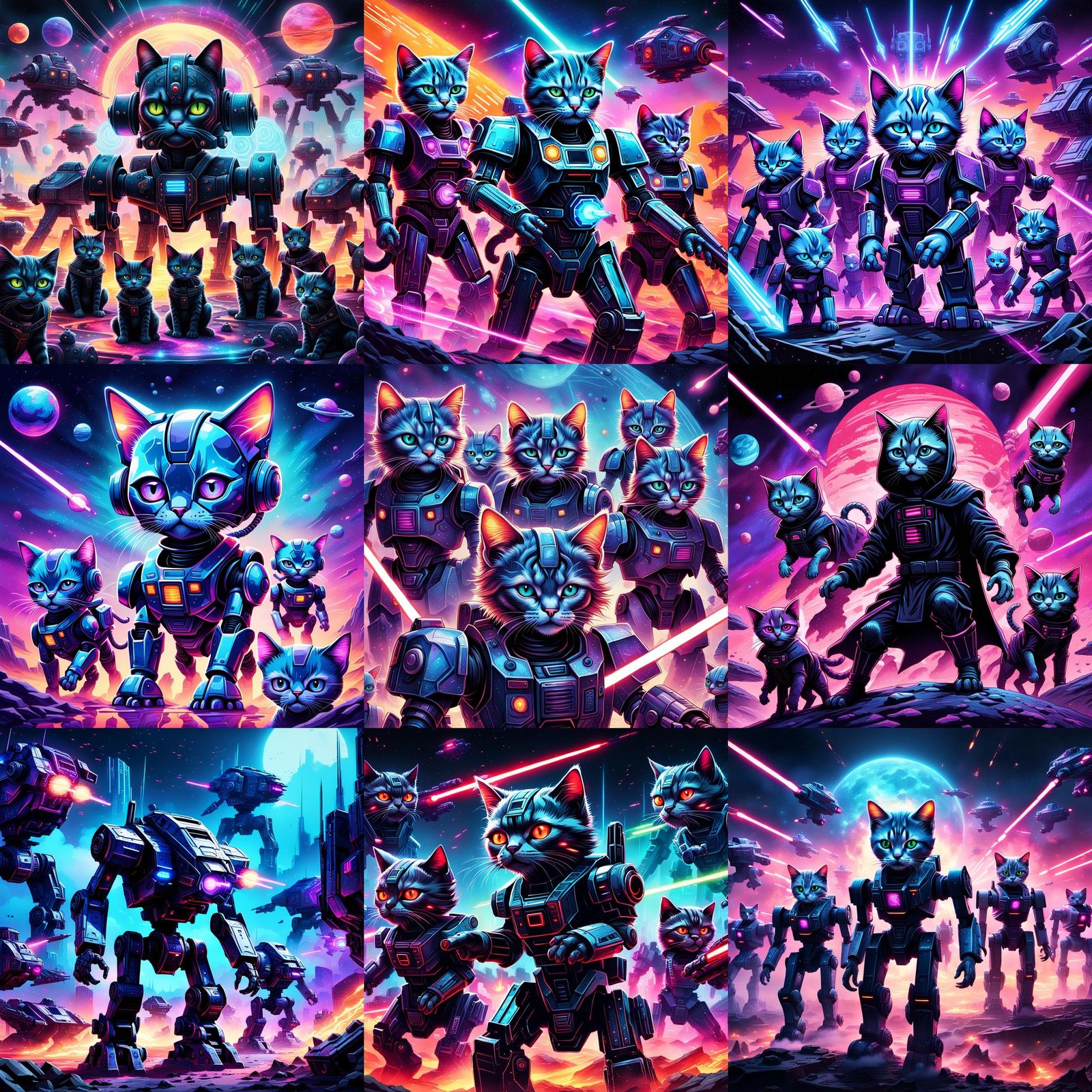 Sith Kittens Attack Droids: Holographic Astral Illustration