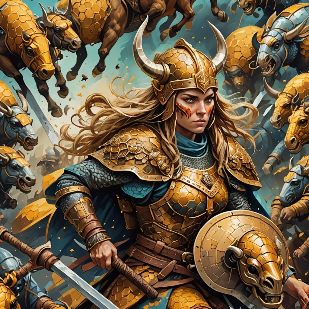 Viking Warrior Woman Leading Bee Army in Street Art Style