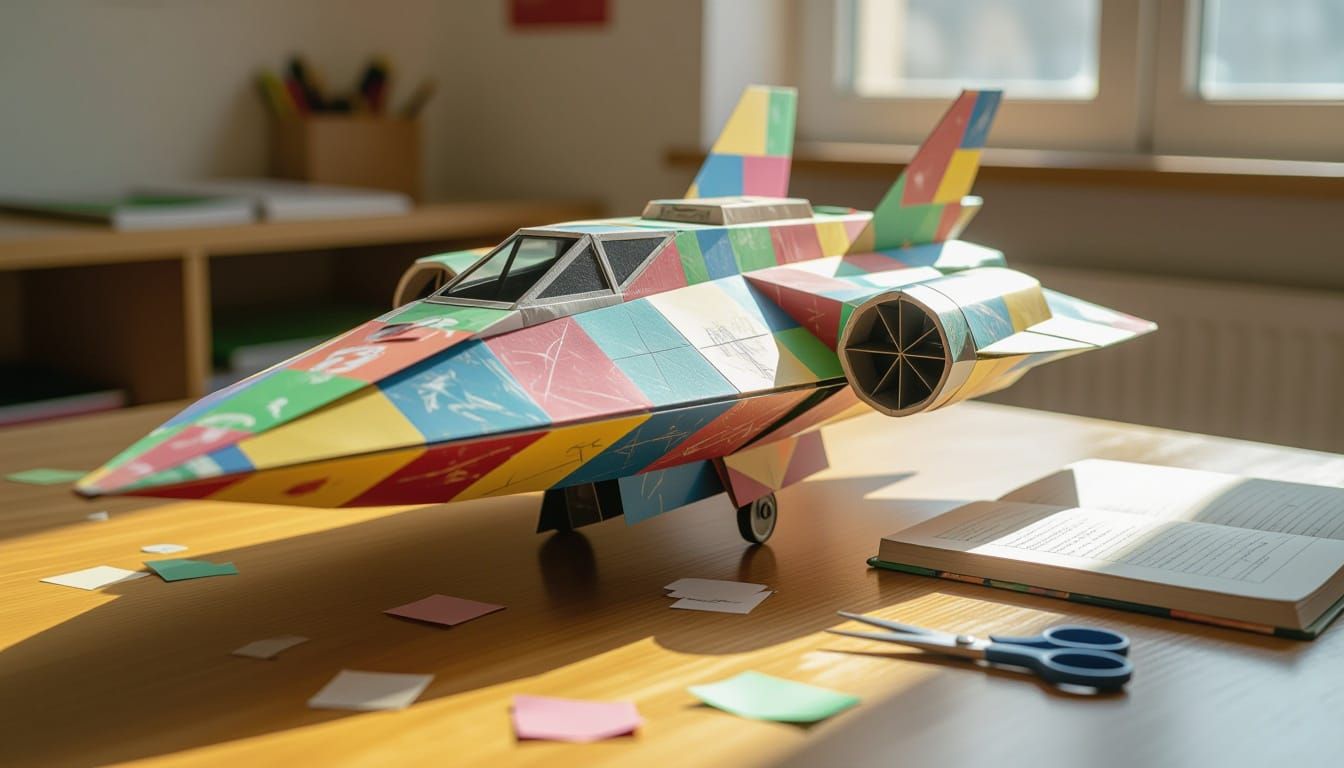 Handmade Paper Alien Spaceship on Classroom Desk