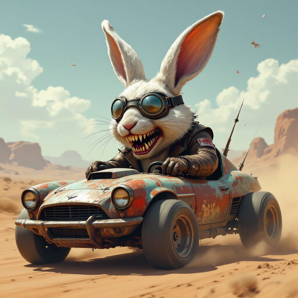 Crazed Rabbit Drives Mad Max Car in Apocalyptic Desert