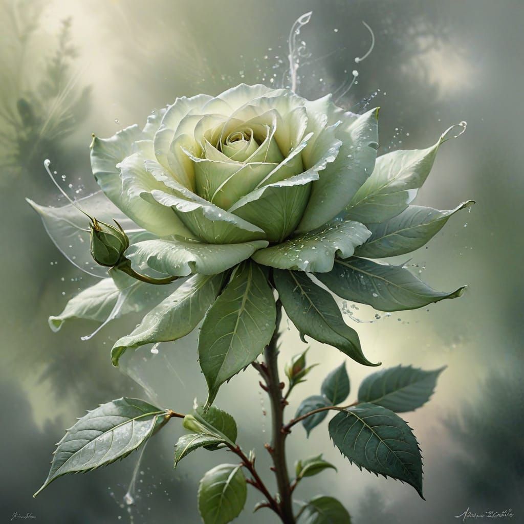 Ethereal Green Tea Rose Blossom in Watercolour and Ink