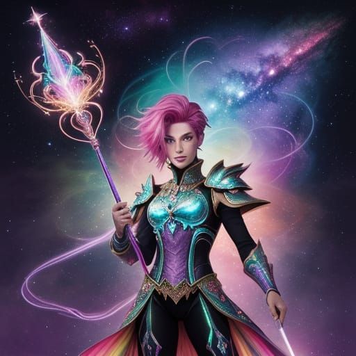 Enchanted Wizard in Vibrant Cosmic Attire