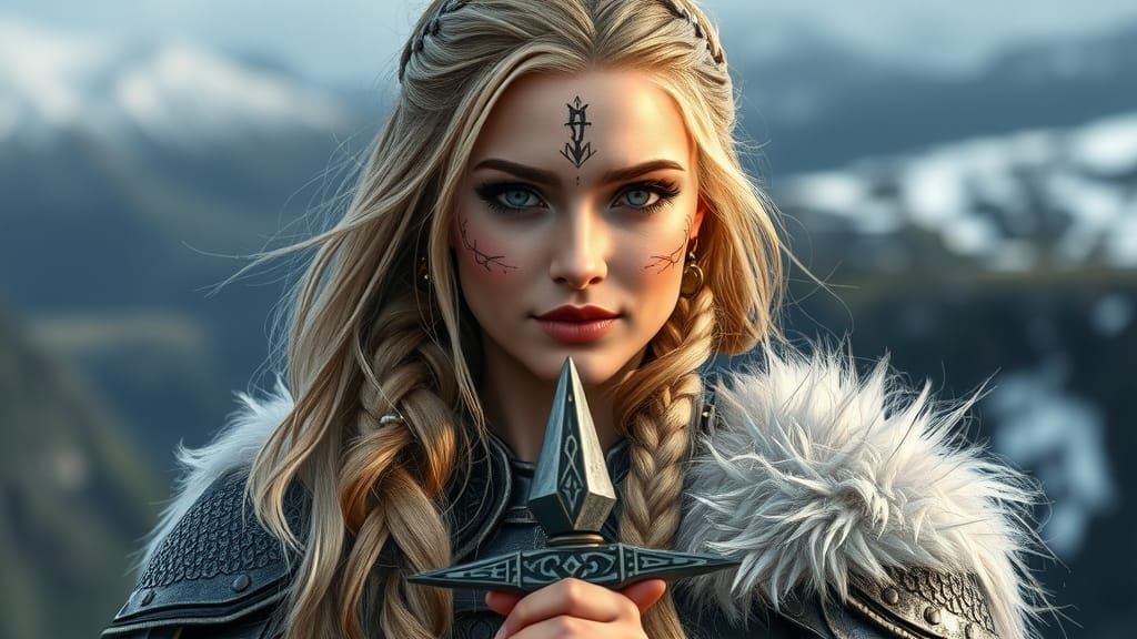 Viking Warrior with Norse Tattoos on Windswept Cliff