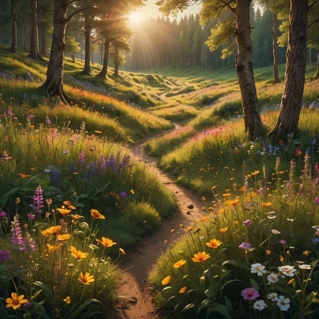Wildflower Meadow and Woodland Track in Summer Light