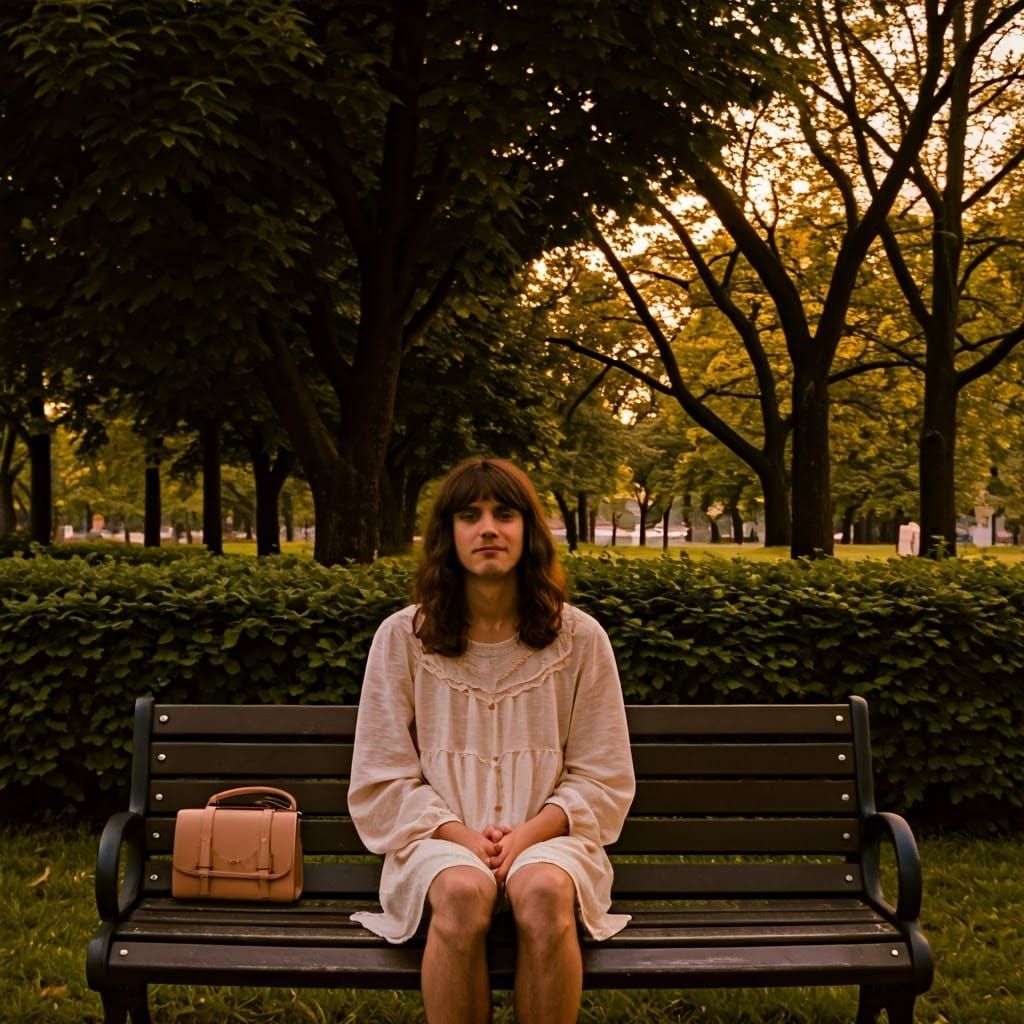 Serene Park Scene with Crossdressing Young Man and Loving Gi...