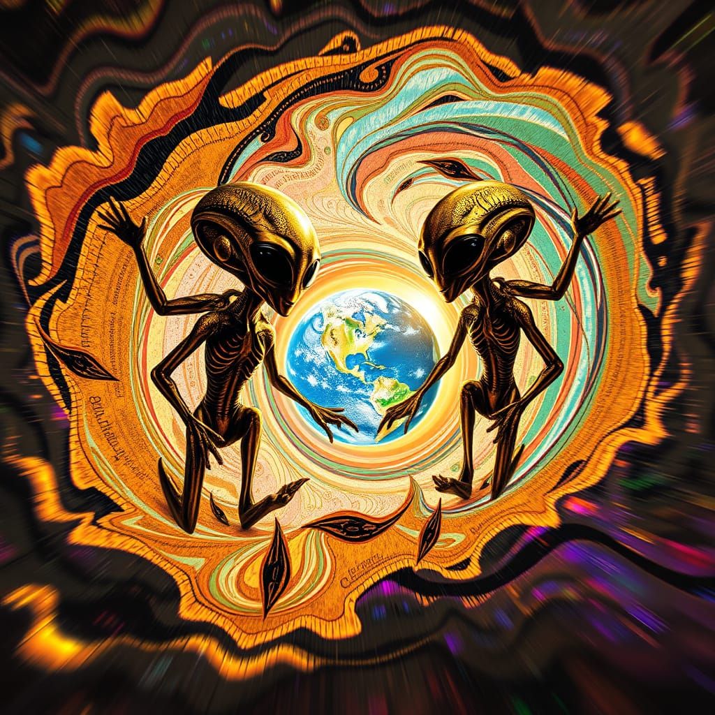 Aliens Arriving on Earth in Tribal Petroglyph Style