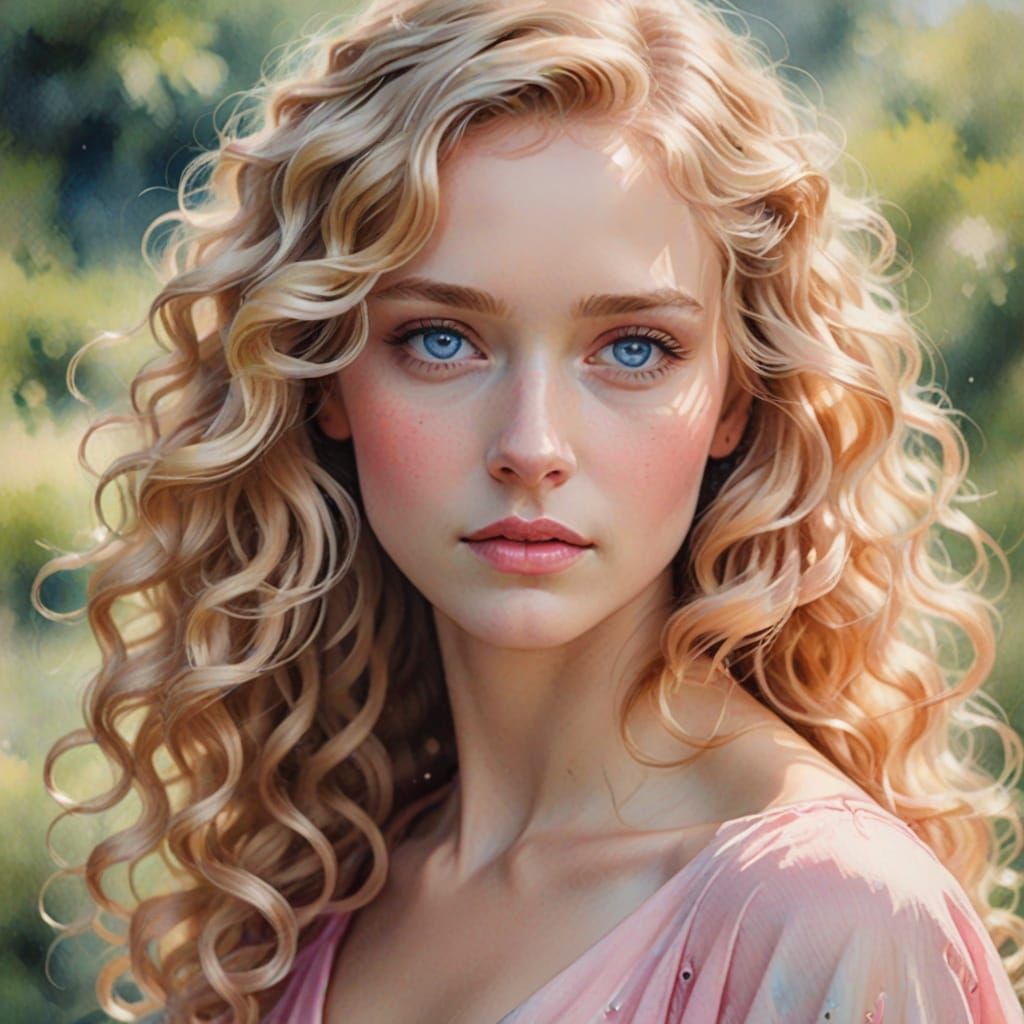 شعر اشقر مجعد طويل كثيف عيناوان زرقاوتان ممشوقة القوام فستان زهري