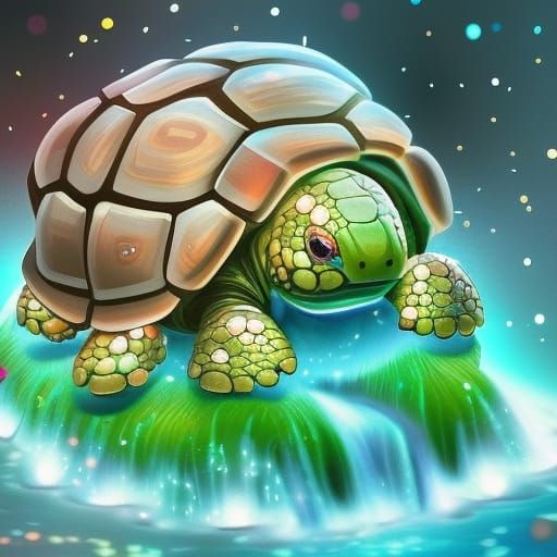 Chibi Tortoise with Cascading Waterfalls: Digital Illustrati...