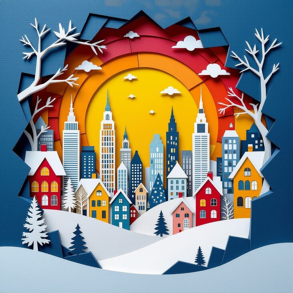 Intricate Winter Cityscape at Sunset in Collage Style