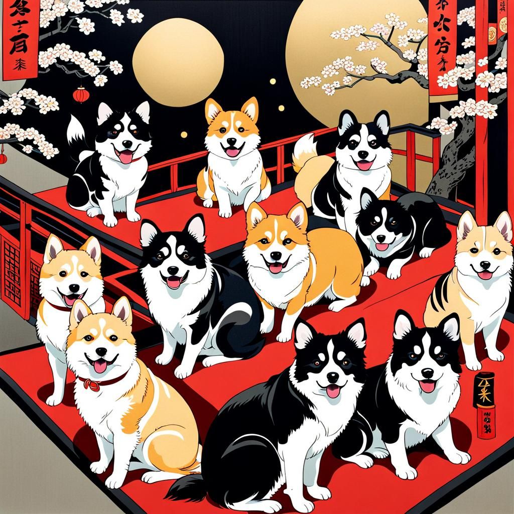 Dogs Celebrate New Year in Ukiyo-e Style