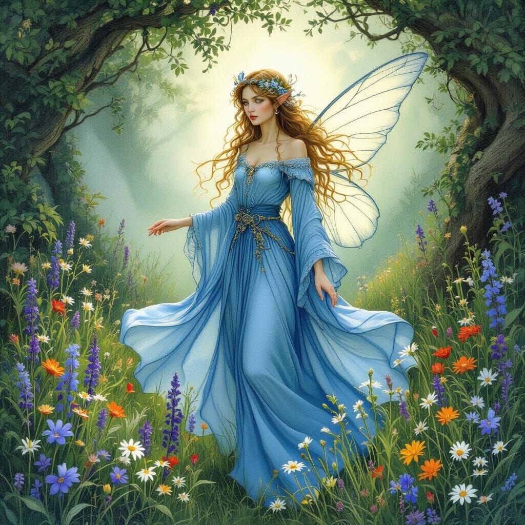 Ethereal Fairy in Blue Robe, Whimsical Realm