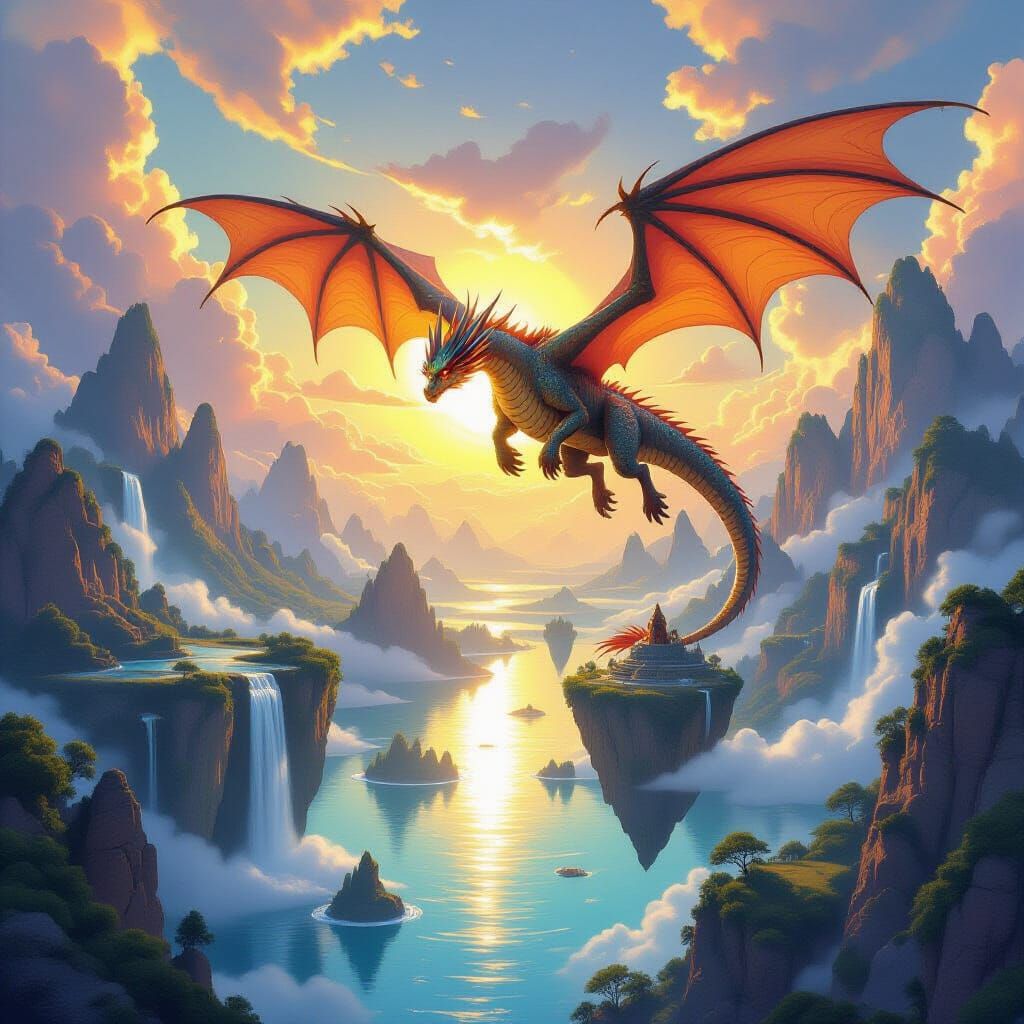 Dragons Soaring Over Floating Islands in Epic Fantasy World