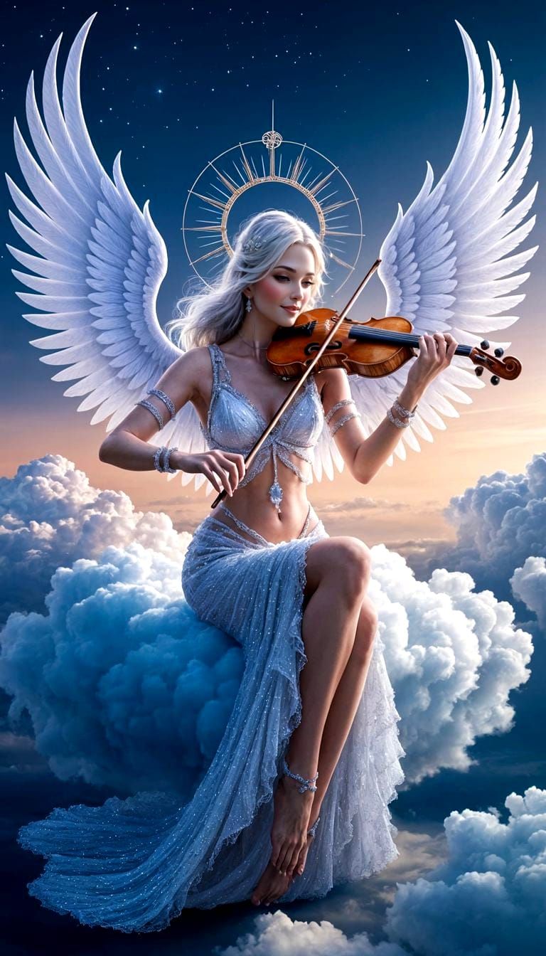 Angel Goddess Plays Violin Amongst Sparkling Clouds
