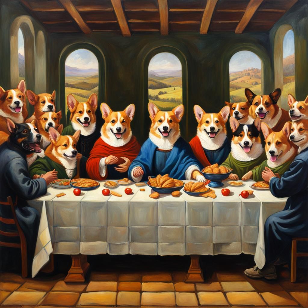 Corgis Recreate The Last Supper as Oil Painting