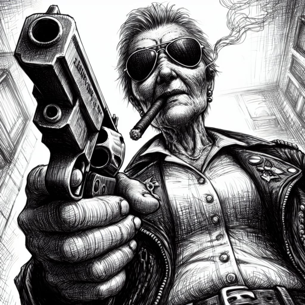 Gritty Grandmother in Film Noir Ghetto, Inking Style