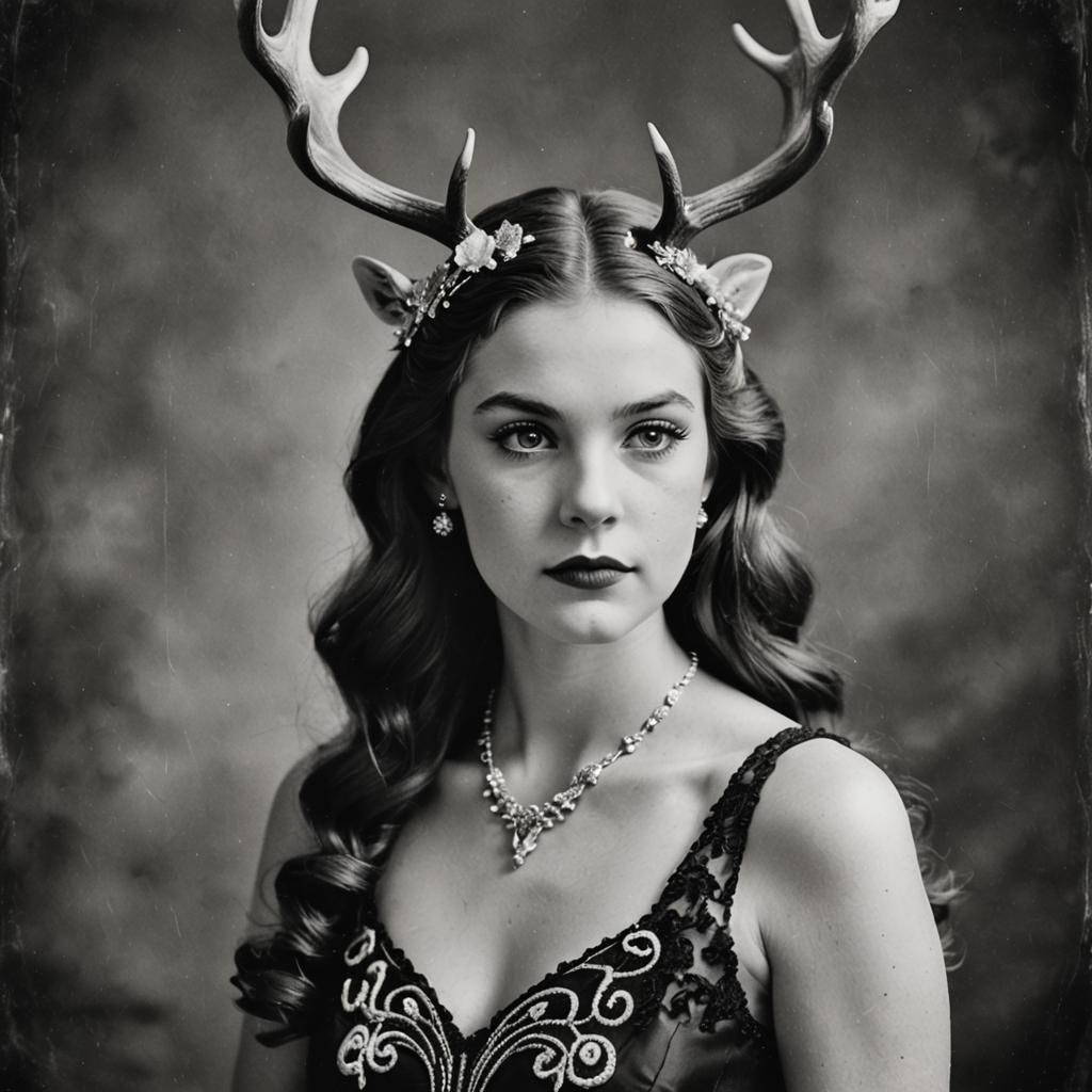 Retro Portrait of Woman with Antlers