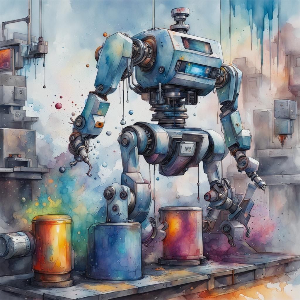Robot Production Line in Graffiti Watercolor Style