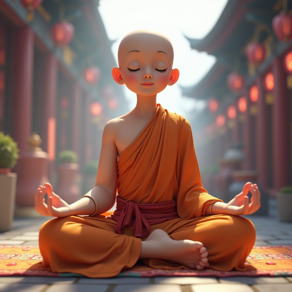 Monk in Yoga Pose Amidst Chaos: Anime-Inspired 3D Art