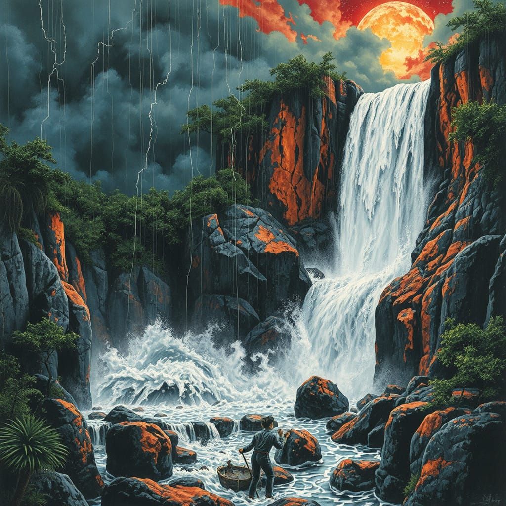 Vivid Surrealism of a Thunderous Waterfall in a Stormy 1950s...