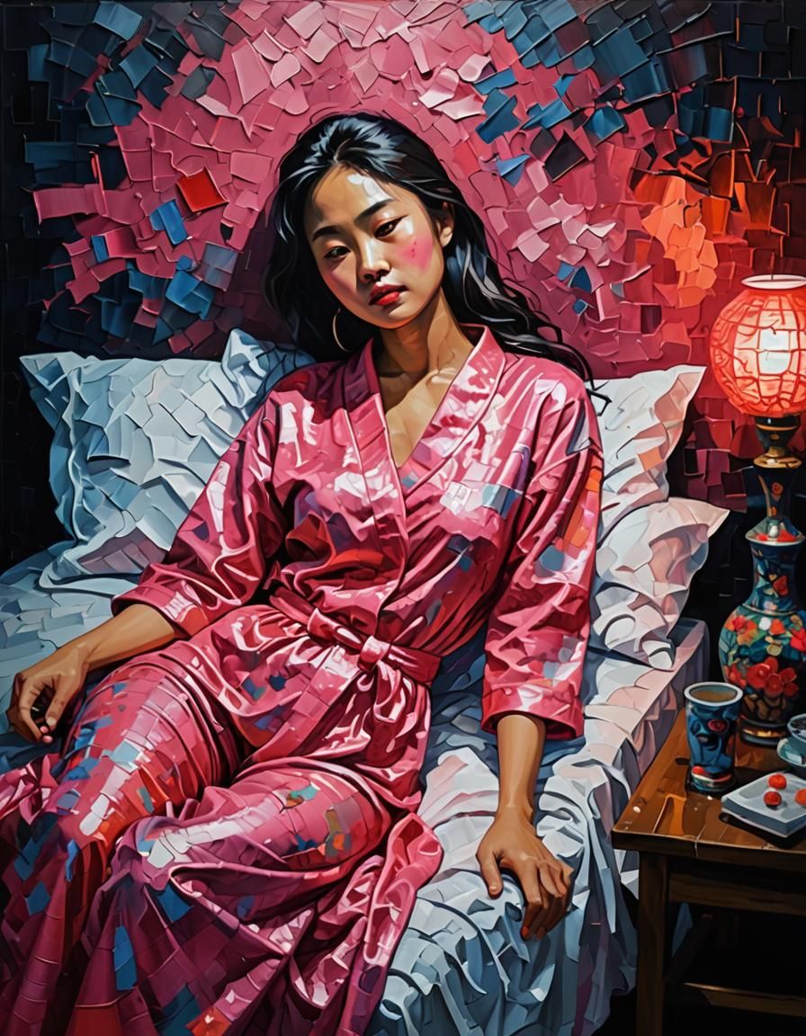 Resting woman on bed.