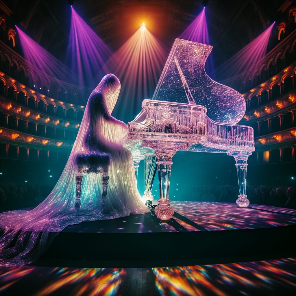 Ethereal Figure Plays Crystal Piano in Ballroom