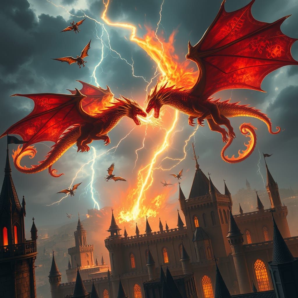 Epic Dragon Battle Over Castle, High-Fantasy Art