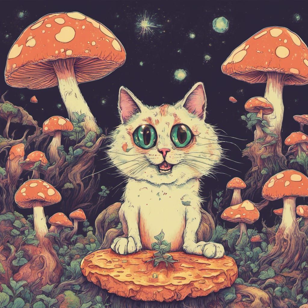 Psychedelic Cat on Mushroom Feast