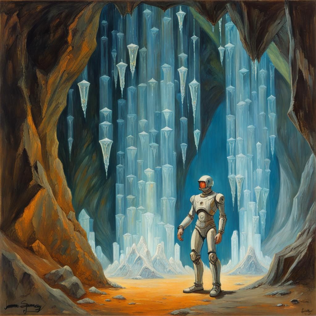 Cyborg in Crystal Cave, Oil Painting