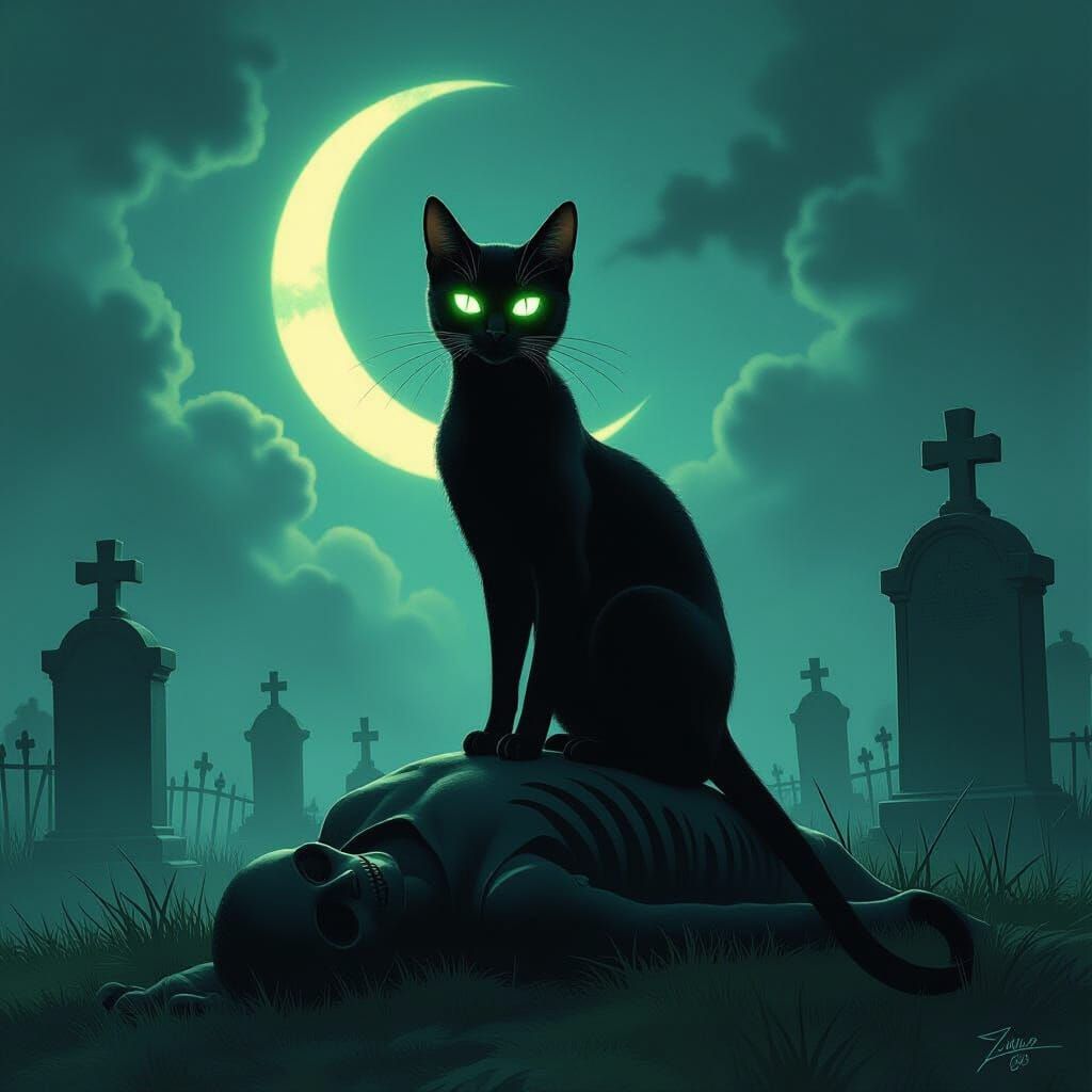 Skeletal Black Cat on Corpse in Moonlit Graveyard
