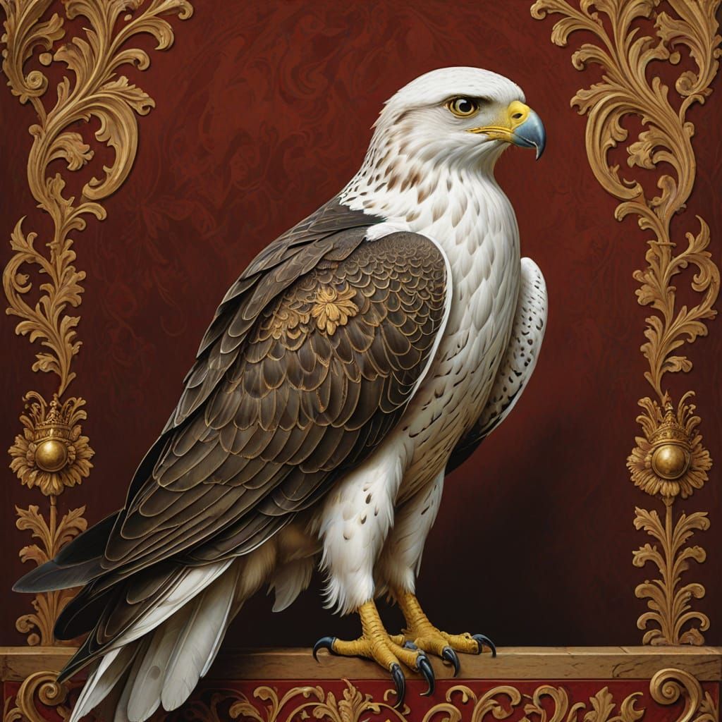 Regal White Falcon on Red Field, Medieval Heraldic Shield
