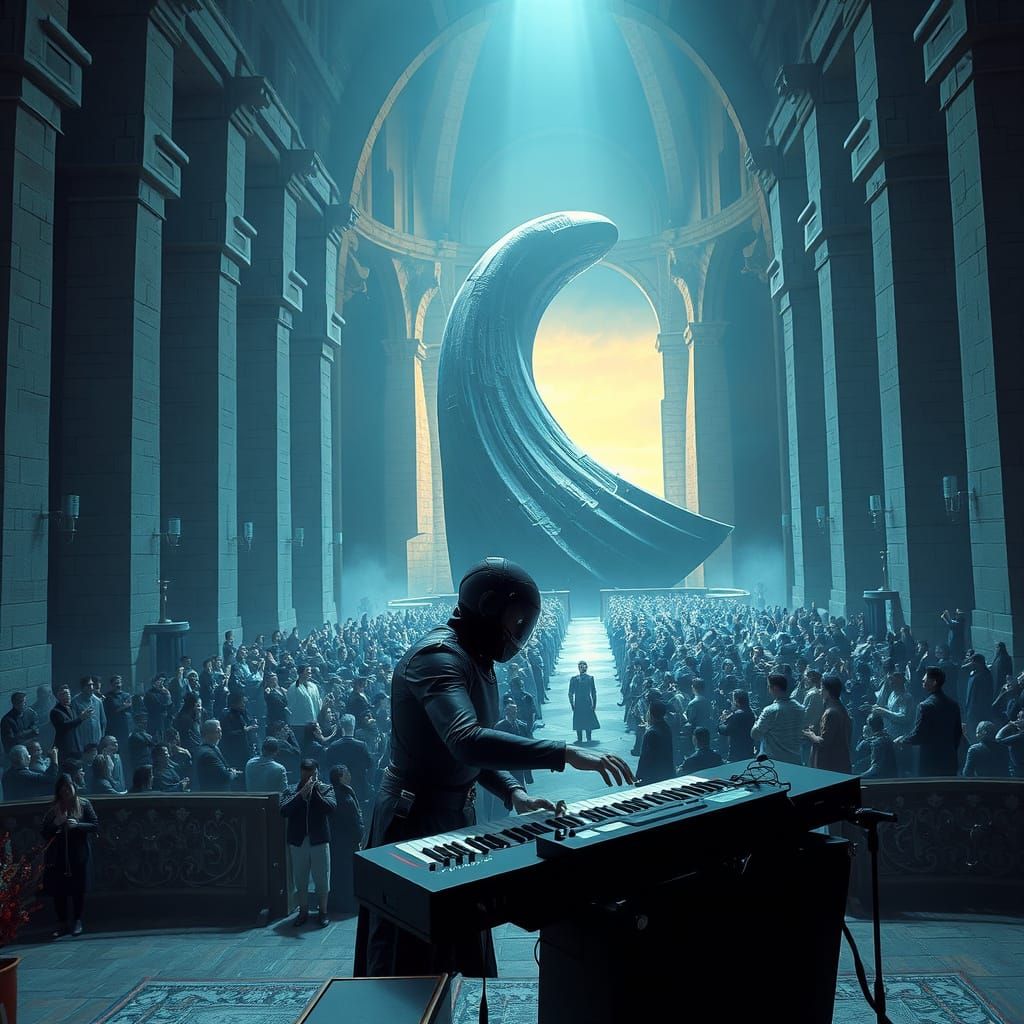 Cyberpunk Synthesist in Majestic Stone Cathedral