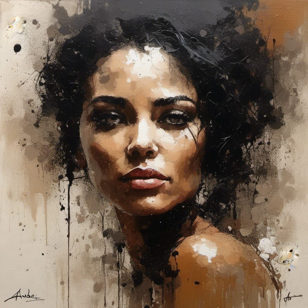 Portrait dark woman andre kohn-style splashed liquid <lora:D...
