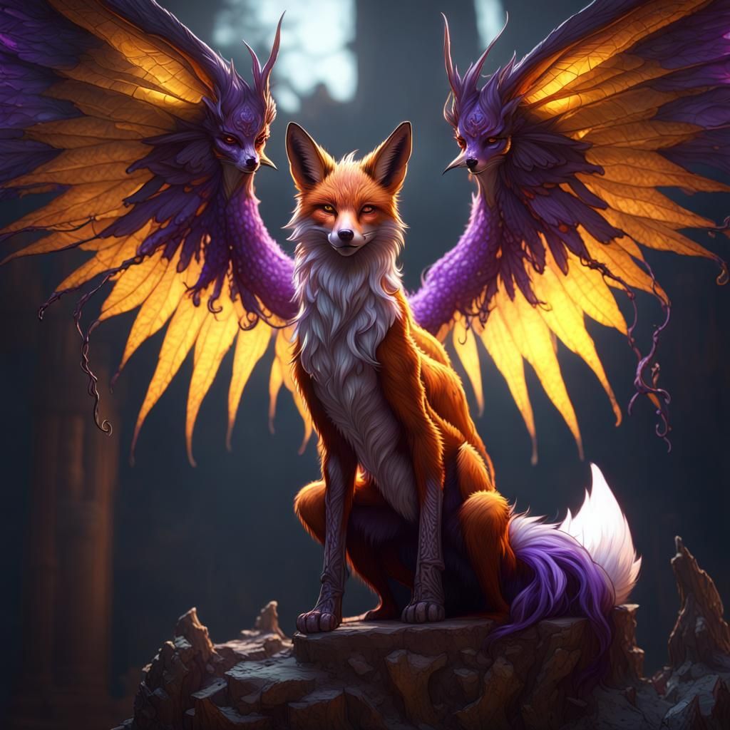 Demonic Fox with Angelic Wing, Dark Fantasy Art
