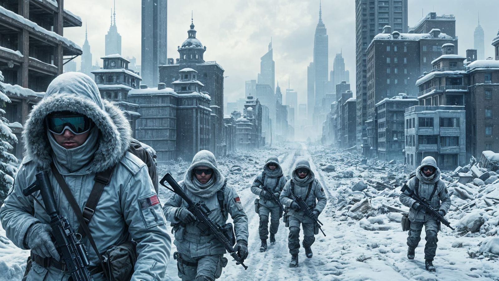 Frozen Apocalypse Patrol in Ruined Snow-Covered City