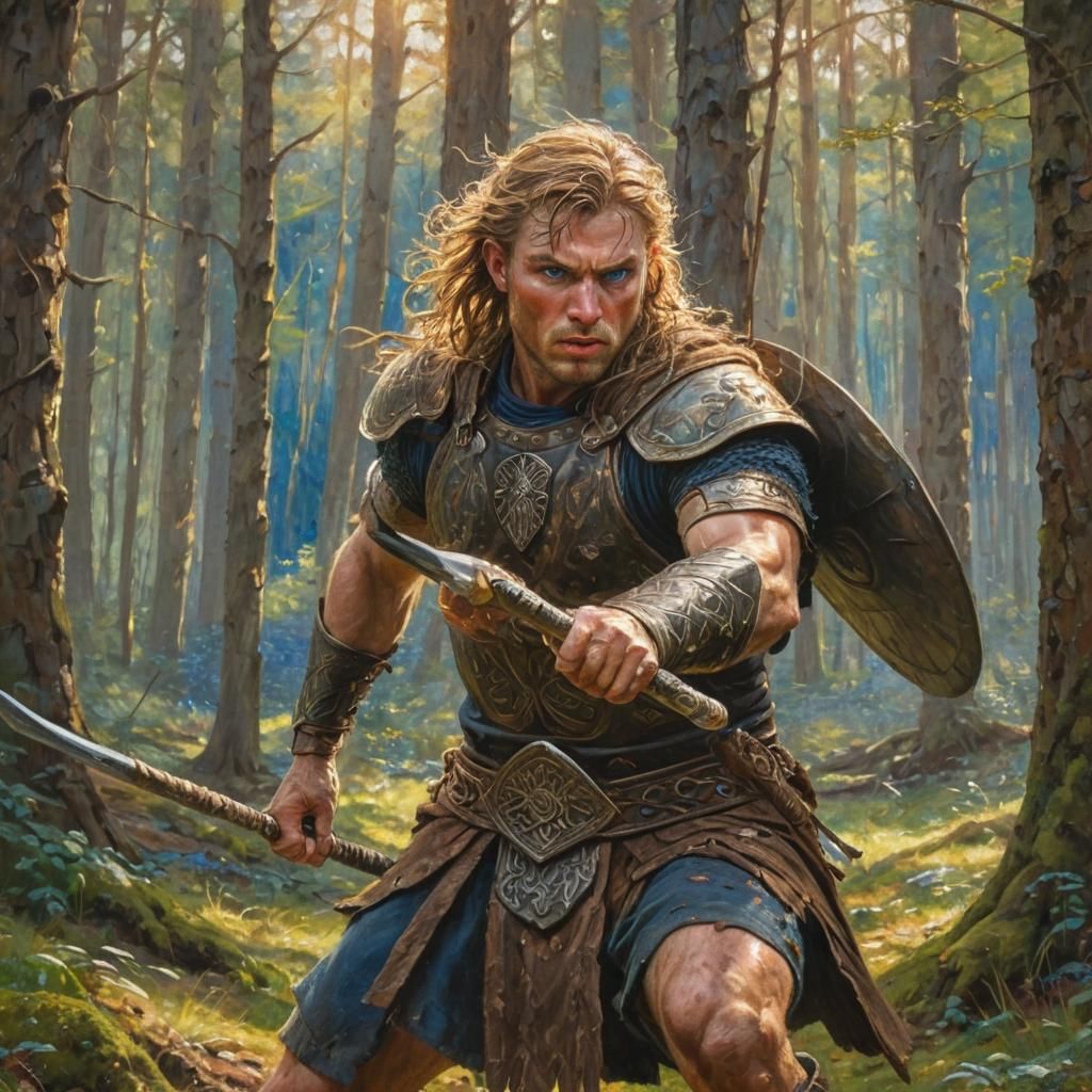 Fierce Celtic Warrior Charging into Battle: Oil Painting
