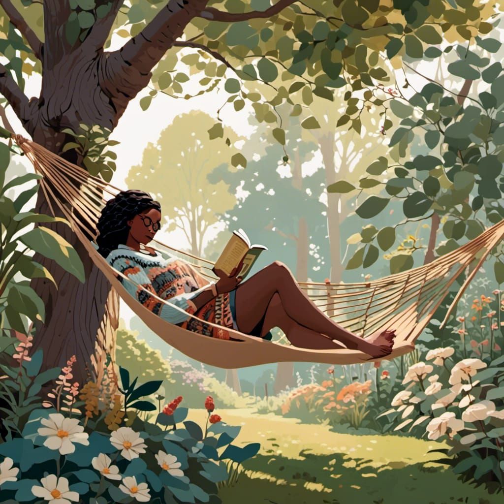 Woman Reading in Hammock Between Shaded Trees