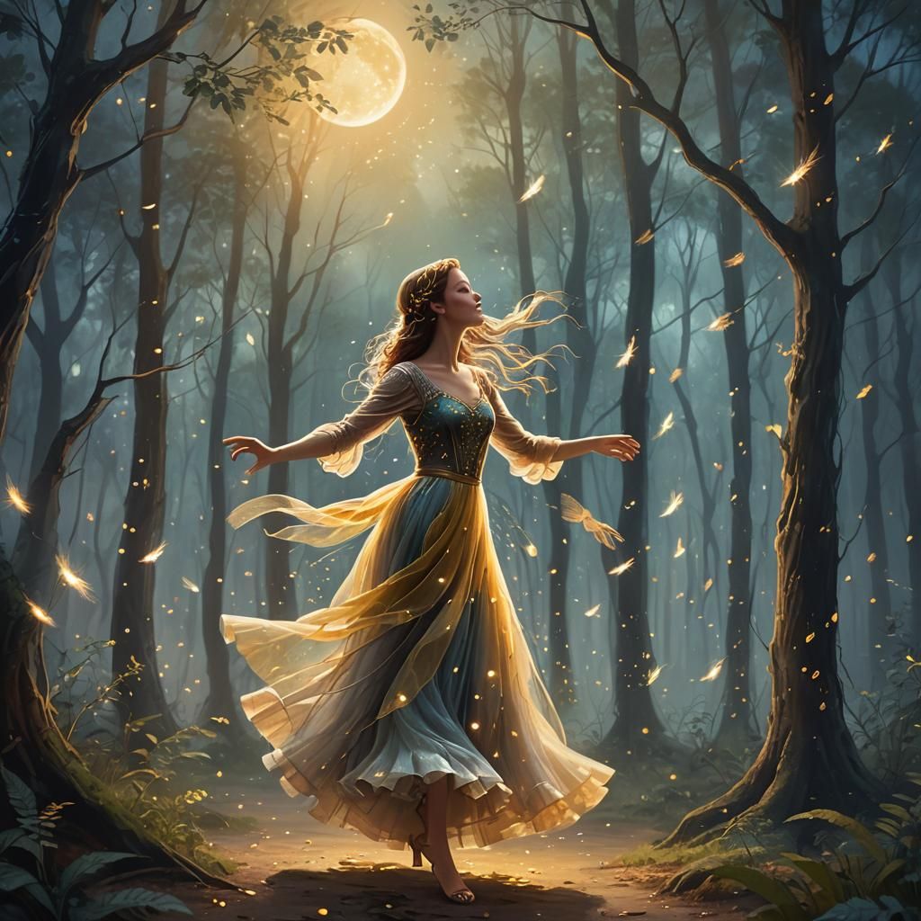 Ethereal Woman Dancing in Moonlit Forest Concept Art