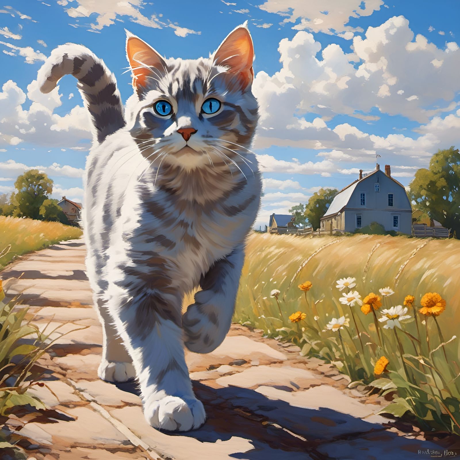Confident Blue-Eyed Cat Strutting on Sunny Path
