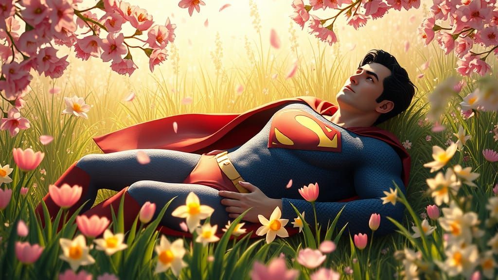 Surreal Anime Landscape with Superman Amidst Vibrant Spring ...