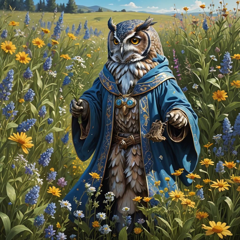 Owl Cleric in Wildflower Field: Hyperrealistic Concept Art