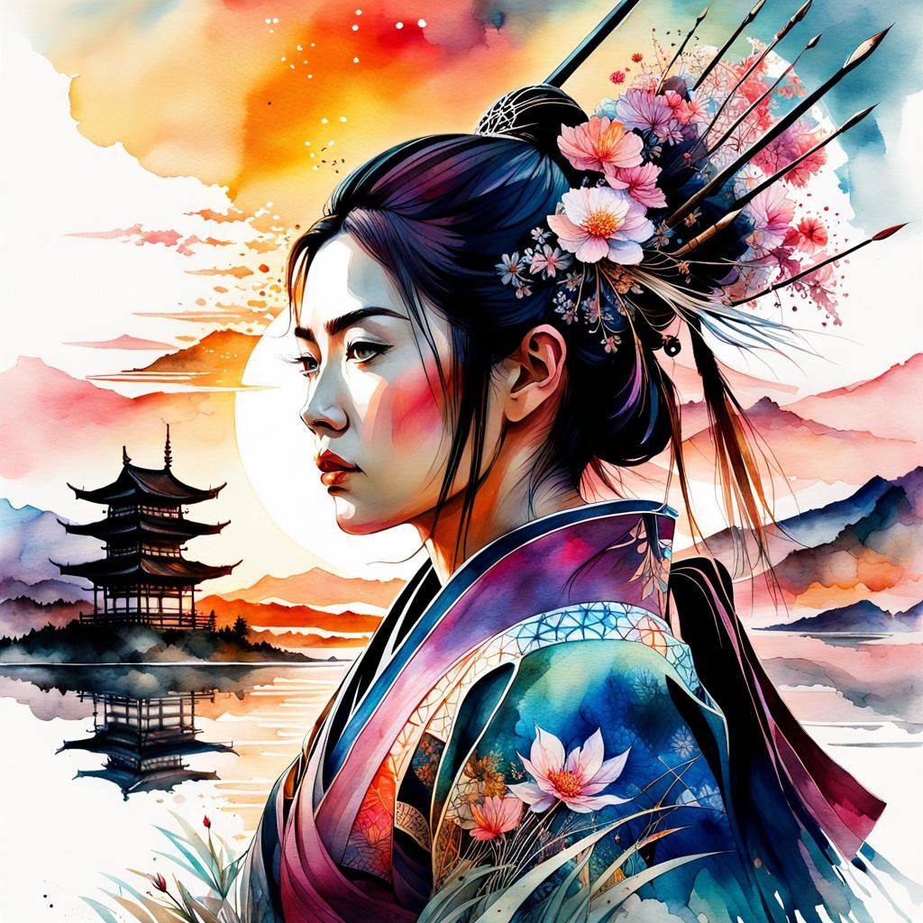 Samurai Sunset: Fantasy Watercolor Art Deco Illustration
