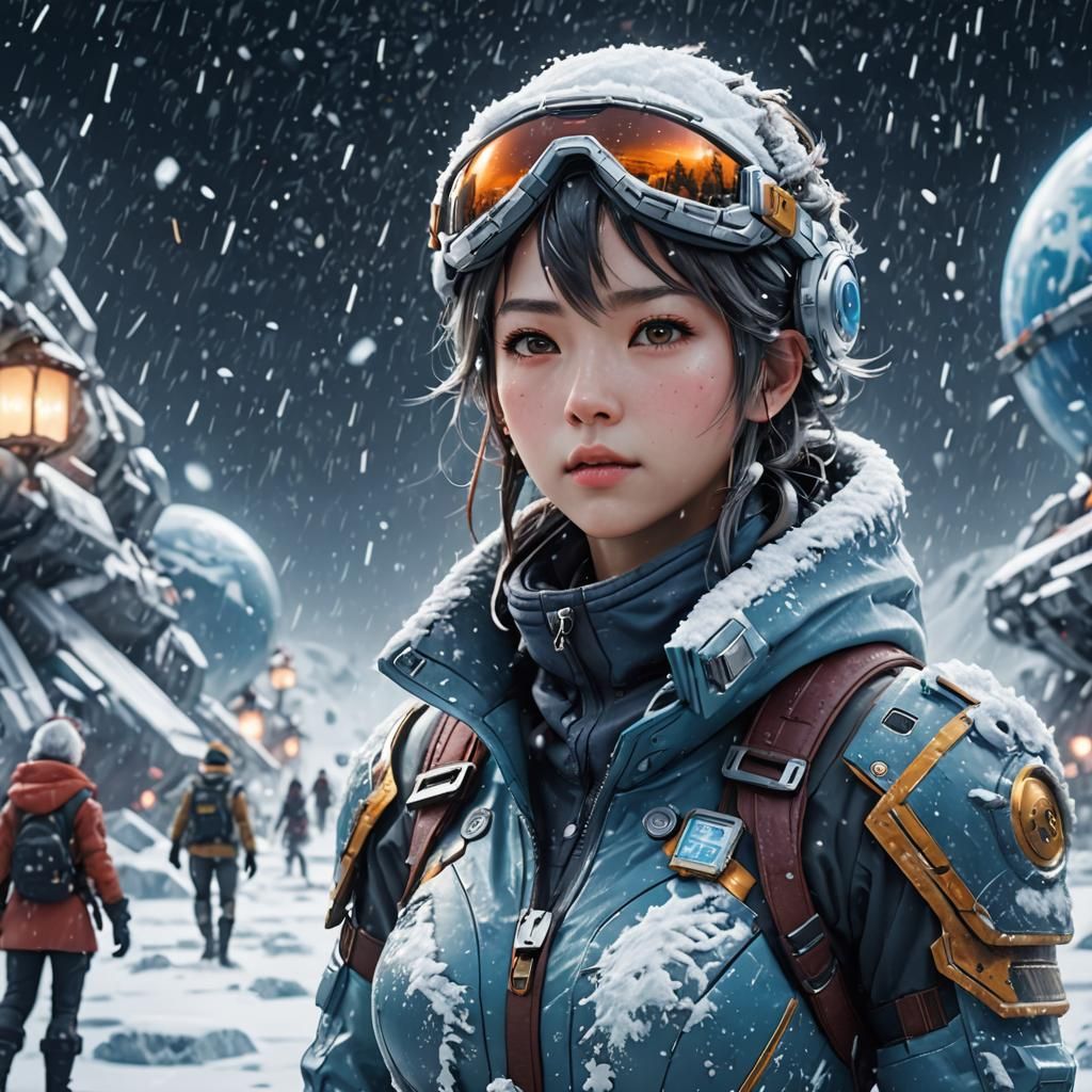 Sci-Fi Anime Girl in Icy Christmas Storm