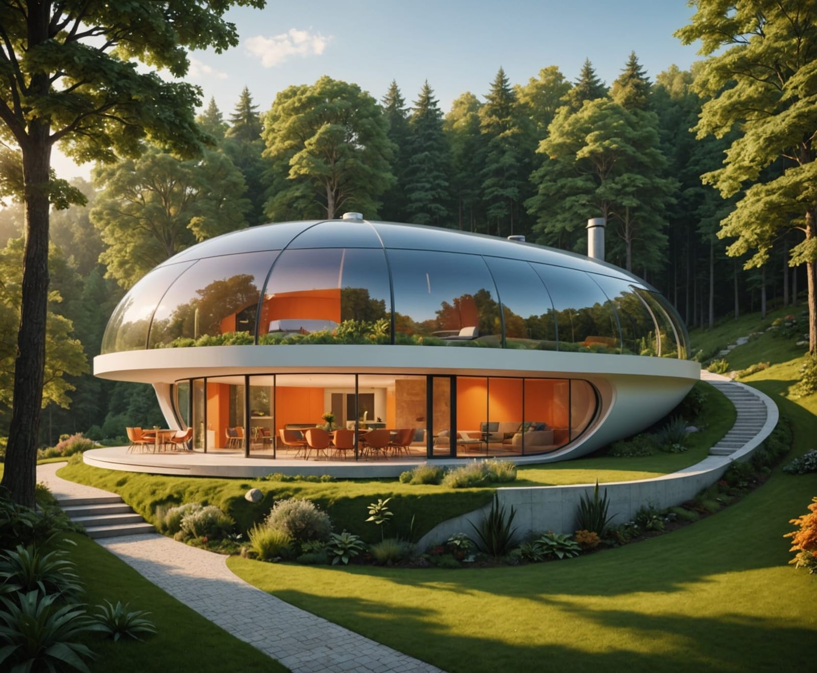 Futuristic Oval House Shines at Dawn