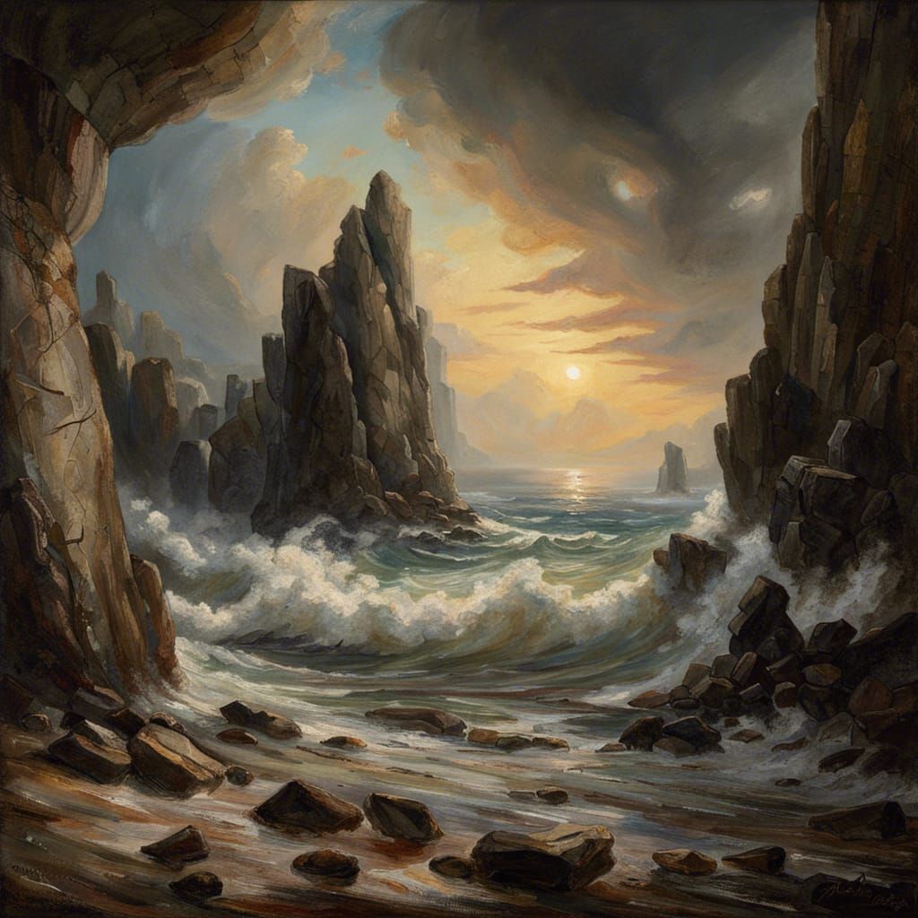 Dramatic Rocky Shoreline in Stained Glass Style