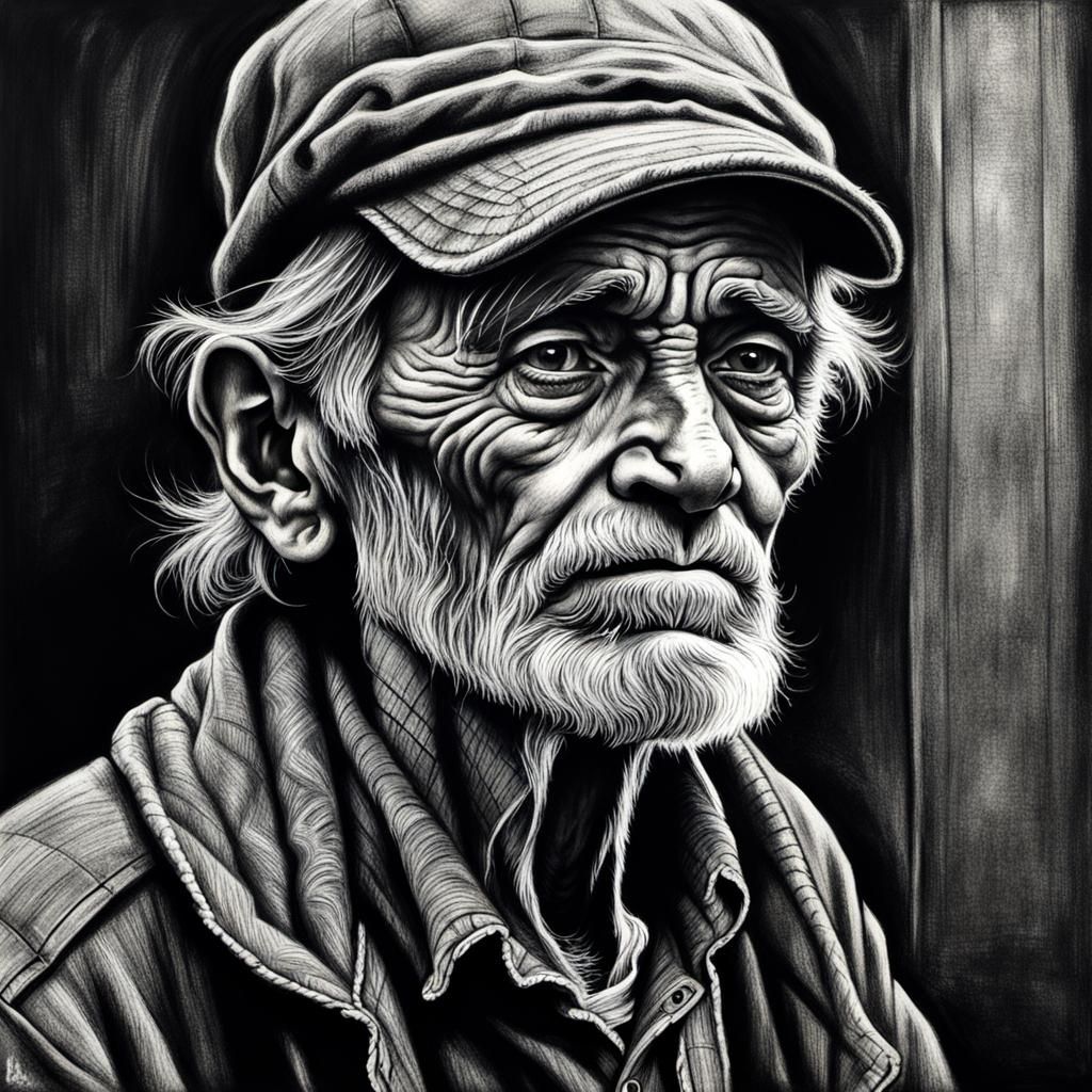 Old man, homeless on the street begging for food hyperdetailed charcoal drawing