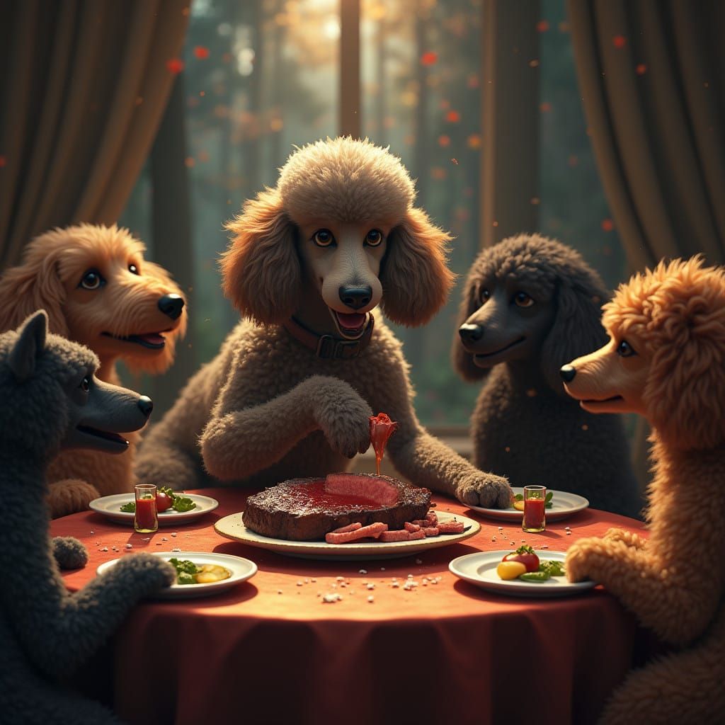 Canine Feast: Poodle Surrounded by Dog Friends at Dinner Tab...