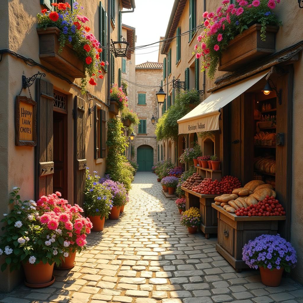 Medieval Village Street at Dusk in Romantic Style